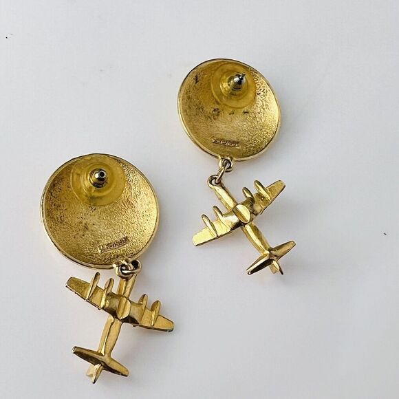 RARE JJ Jonette World Globe Airplane Earrings Dangle Brushed Satin Gold Ton 4129 - Picture 4 of 8